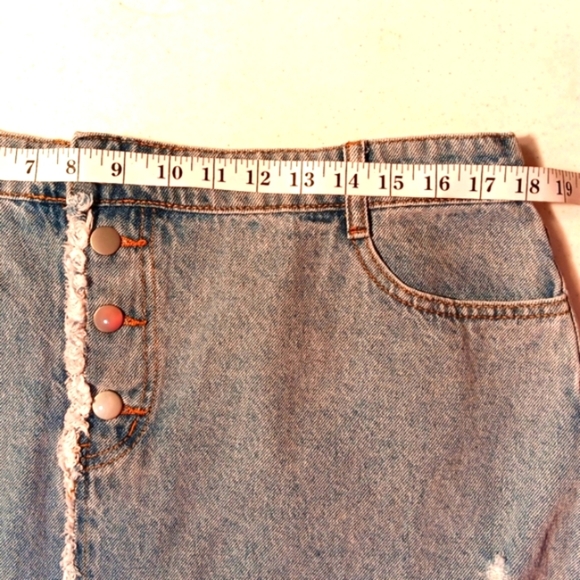 Asymmetrical Denim Skirt Midi Distressed High Waist Light Wash Blue 1X Back Slit - Picture 4 of 6